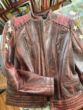 Black Rivet Distressed Red Leather Bomber Jacket with Star Accents